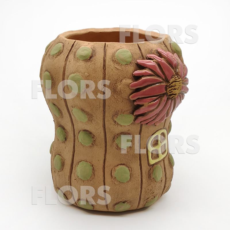 Кашпо керамика Кактус с цветком терракотовый