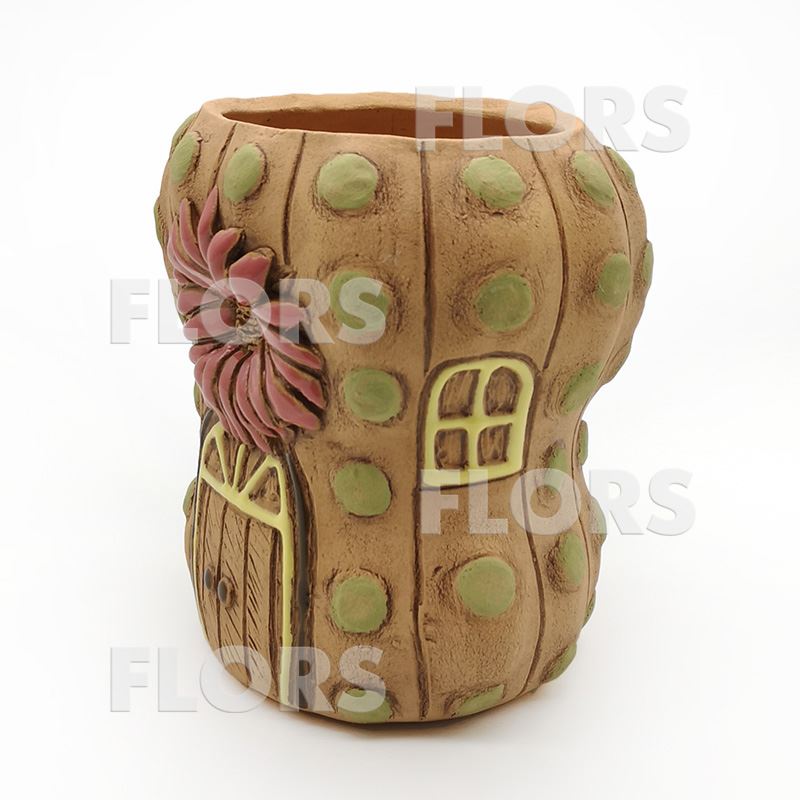 Кашпо керамика Кактус с цветком терракотовый